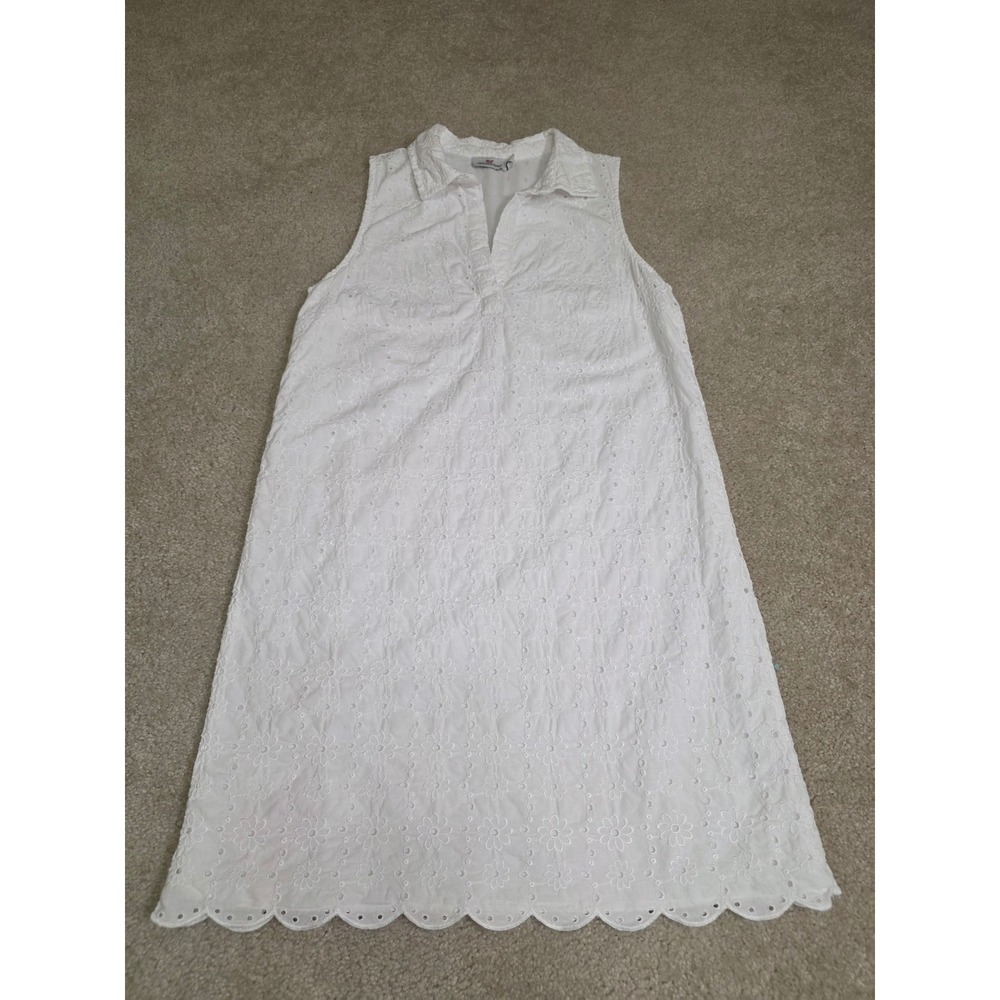 Vineyard Vines White Cotton Eyelet Sleeveless Shift Dress Scalloped Hem Size 4